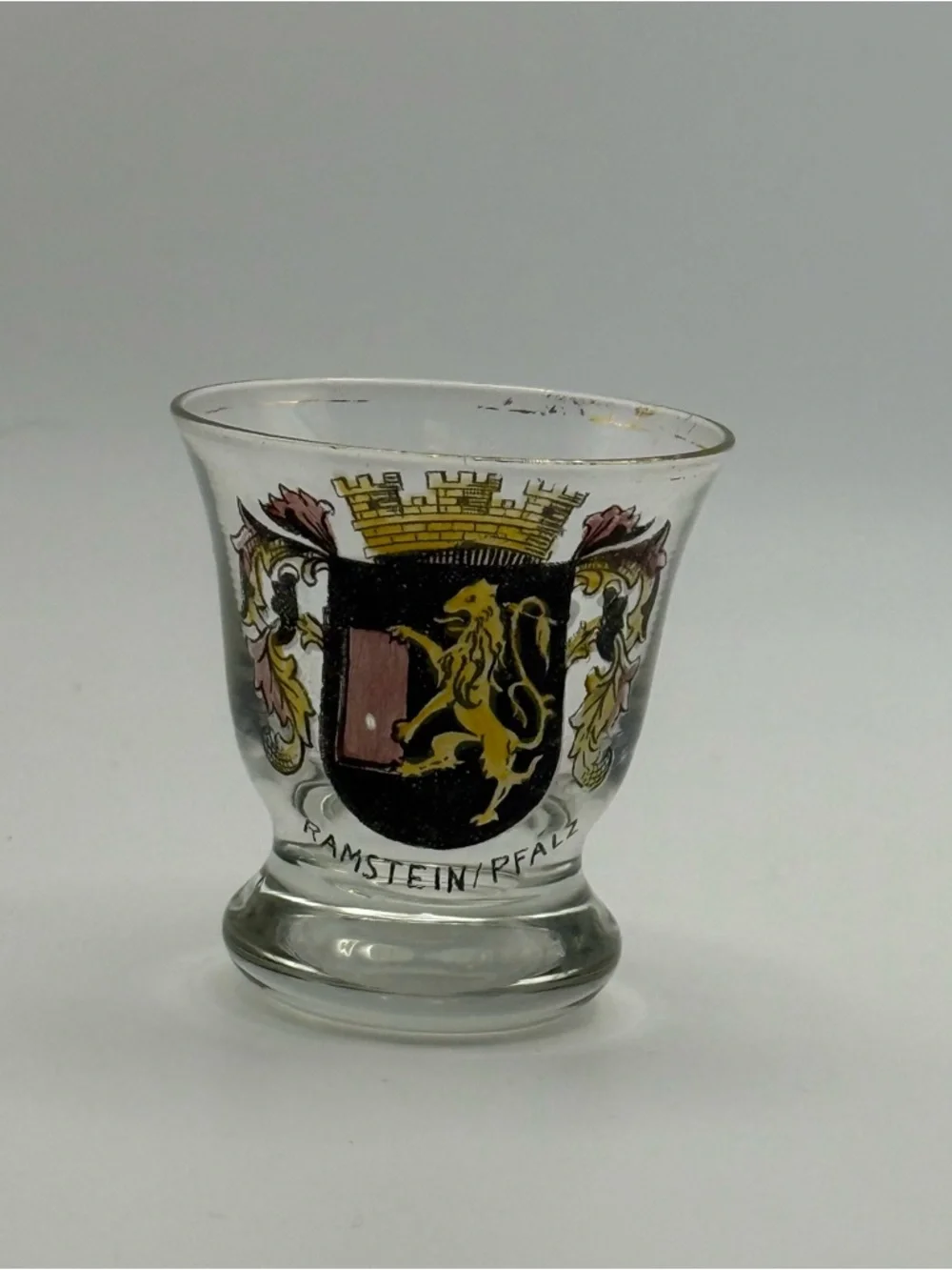 Decorative Ramstein-Pfalz Crest Shot Glass - Clear with Gold‎ and Black Accents